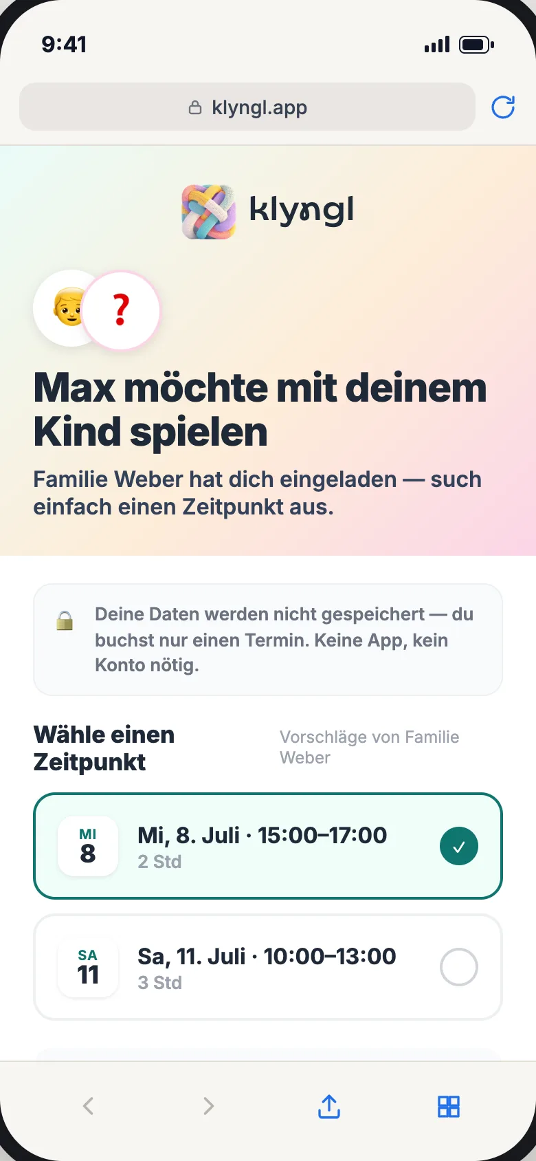 Buchungsseite im Browser: Max möchte mit deinem Kind spielen, darunter zwei Zeitvorschläge zum Auswählen