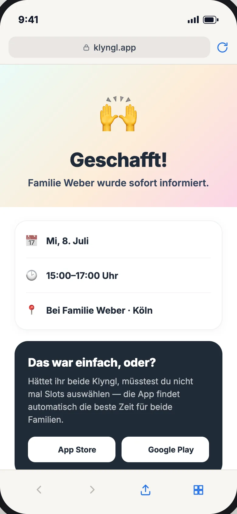 Bestätigung im Browser: Geschafft, Familie Weber wurde sofort informiert, mit Datum, Uhrzeit und Ort
