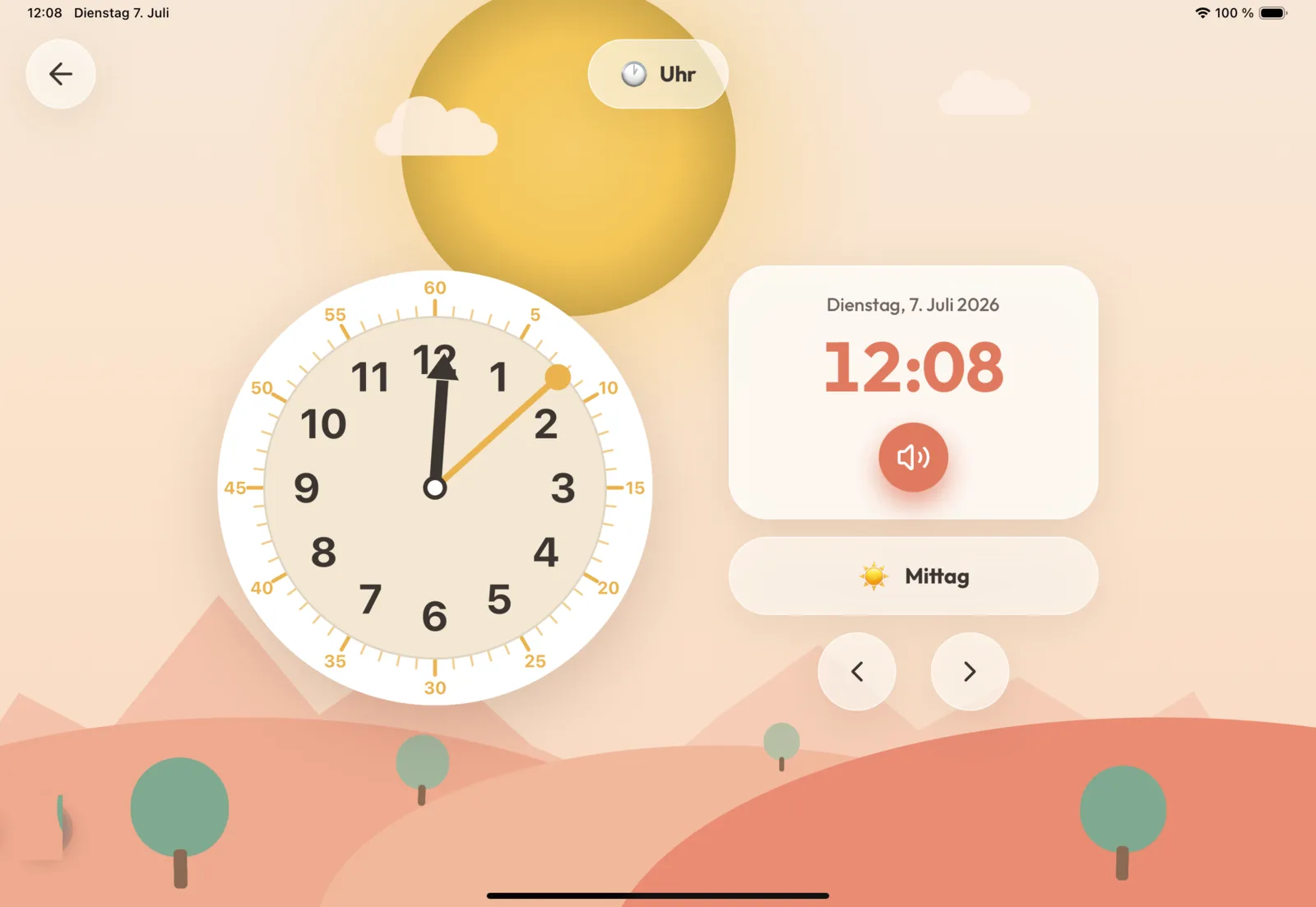 Lernuhr in Klyngl Kids: analoges Ziffernblatt mit Minutenring, digitale Anzeige und Tageszeit-Wort daneben