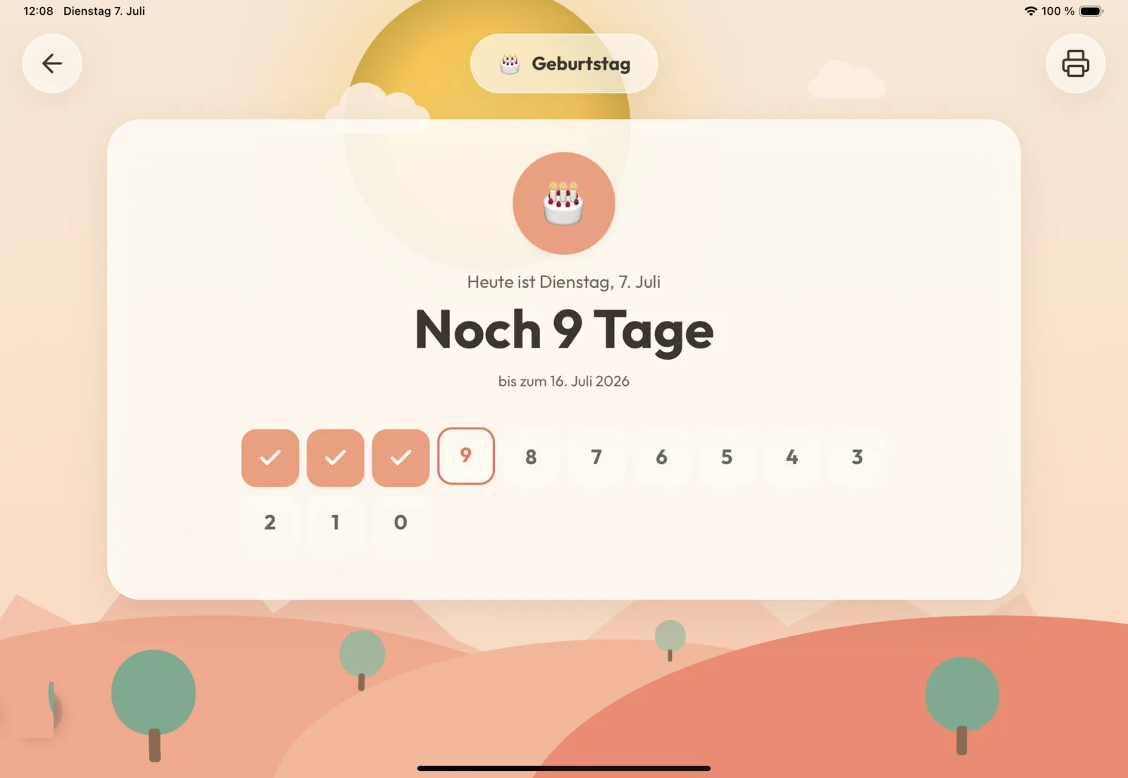 Countdown in Klyngl Kids: „Noch 9 Tage“ bis zum Geburtstag, mit abgestrichenen Tagen als Häkchen-Kacheln