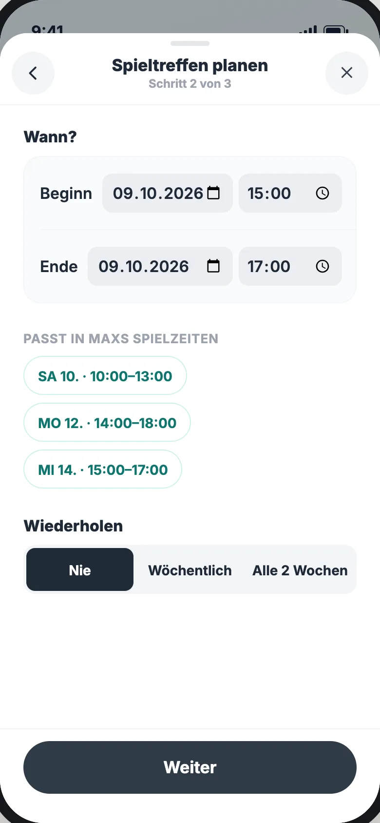Spieltreffen planen, Schritt 2: Datum und Uhrzeit, darunter Vorschläge passend zu Max’ Spielzeiten