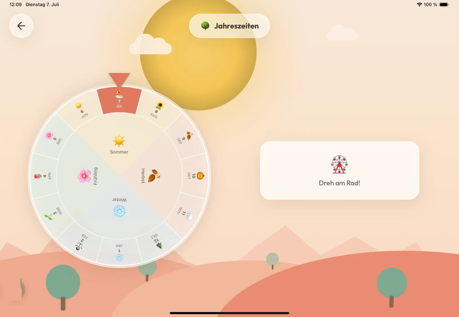 Jahreszeiten-Rad in Klyngl Kids: zwölf Monate mit Emojis, farblich nach Jahreszeiten gruppiert, Juli markiert