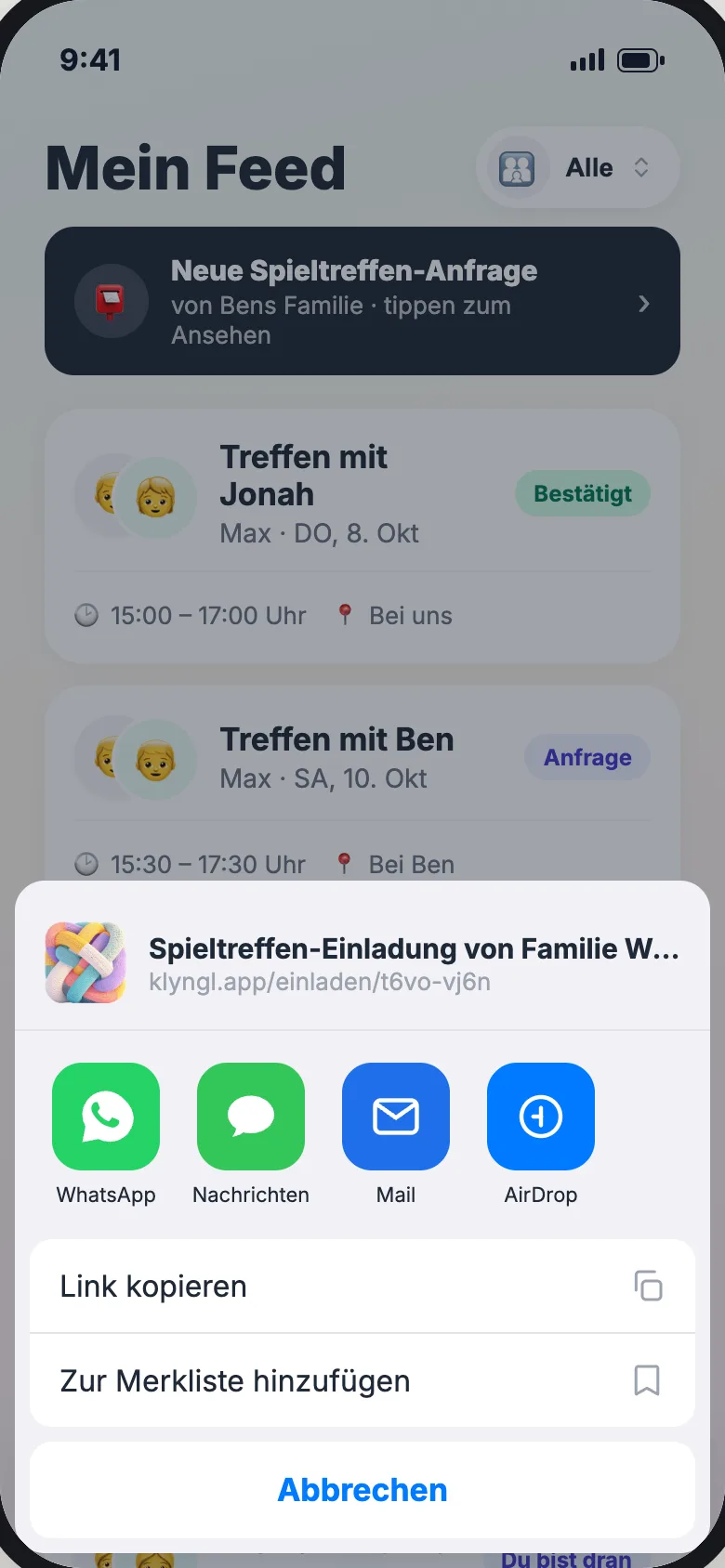 Teilen-Dialog des Telefons mit der Spieltreffen-Einladung als Link, darunter WhatsApp, Nachrichten, Mail und AirDrop