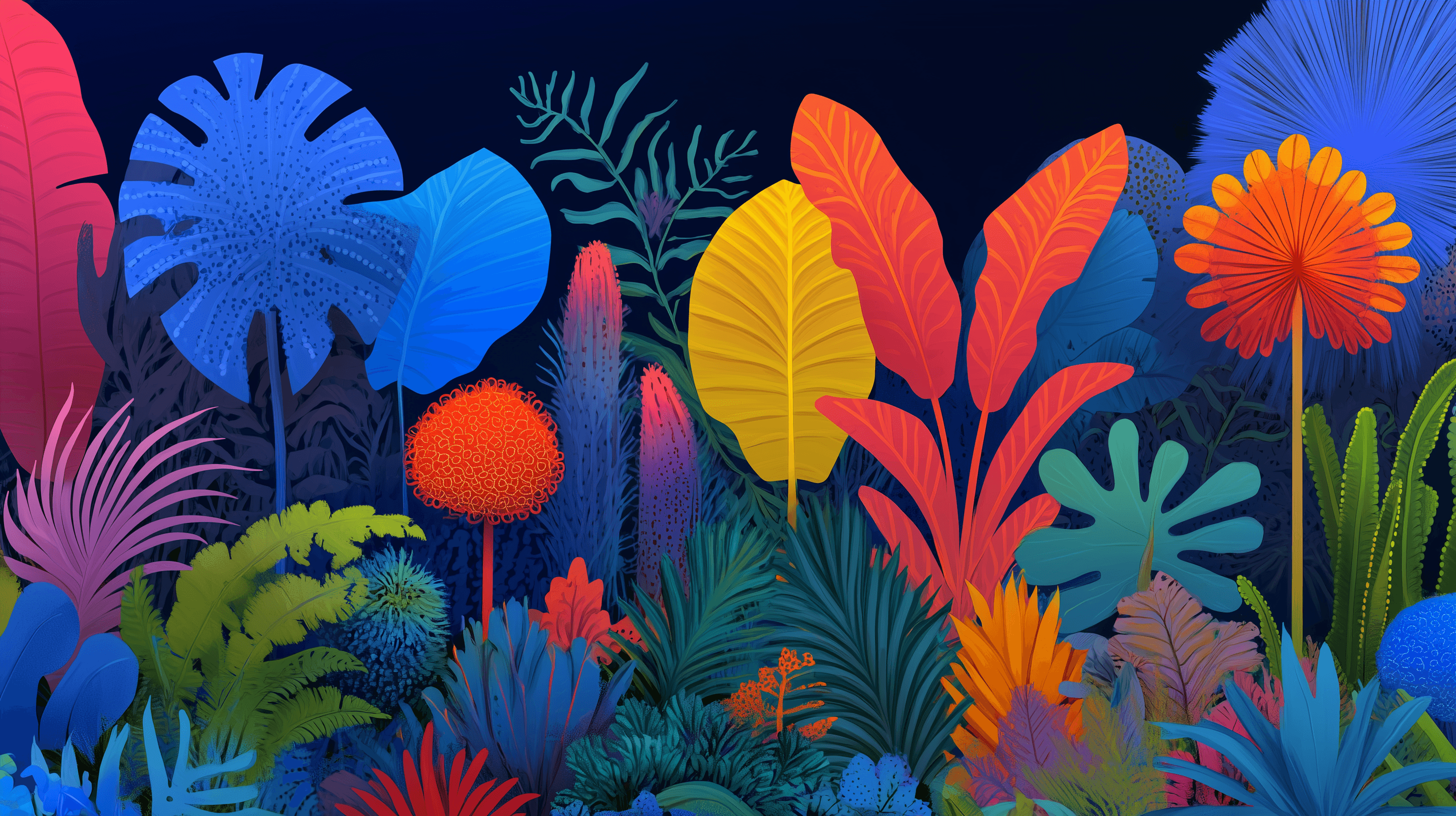 Eine Illustration, die viele bunte Pflanzen in einer Abendstimmung zeigt.